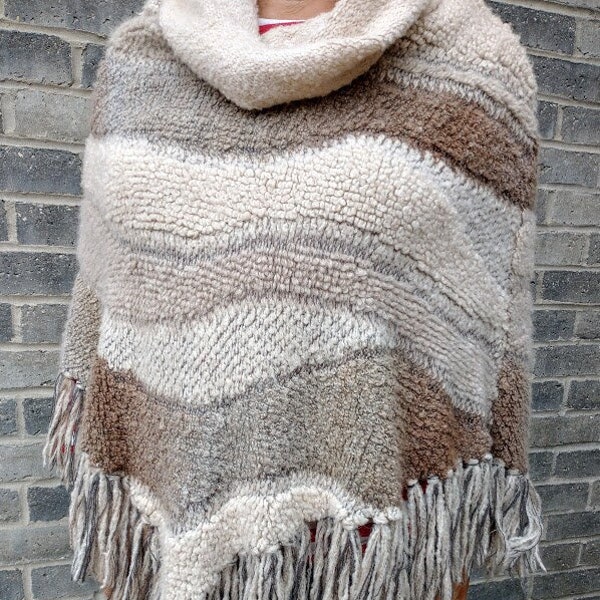 Textured Wool Blend Poncho - Cowl Collar Cape - Ladies L/XL