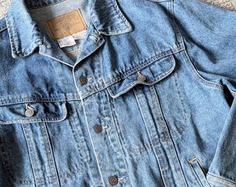 Denim Jean Jacket -  - Western Style Trucker Jacket- Workwear Chore Coat - Moderately Distressed -  Men's Medium