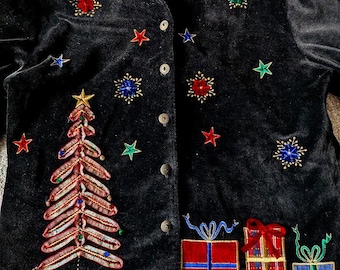 Velvet** Christmas Jacket - 100% Cotton - Ribbon Embroidery and Applique  - Ladies Size Large