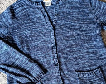 Talbots Blue Marl Cardigan - Vintage 100% Cotton Sweater - Ladies Med/Large -Made in Hong Kong