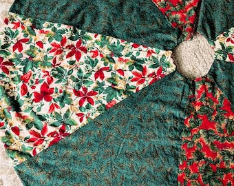 SALE !! Handmade Christmas Tree Skirt -  Reversible Cotton Holiday Prints - 44 Inch Diameter - American Made in USA