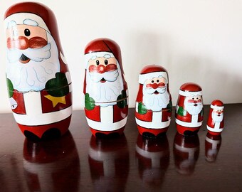 Wooden Santa Nesting Dolls - 5 Piece Vintage Matryoshkas Dolls - Hand Painted
