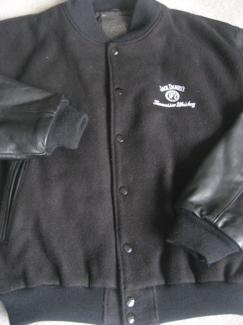 Jack Daniels Wool Leather Varsity Jacket Black Heavyweight Golden Bear Coat Uni Men S Medium American Made California Usa