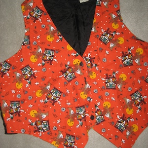 Plus Size Halloween Vest - Kitsch Cotton Print - Ghost, Haunted House, Moon, Bats - Unisex Womens Size 18 image 1
