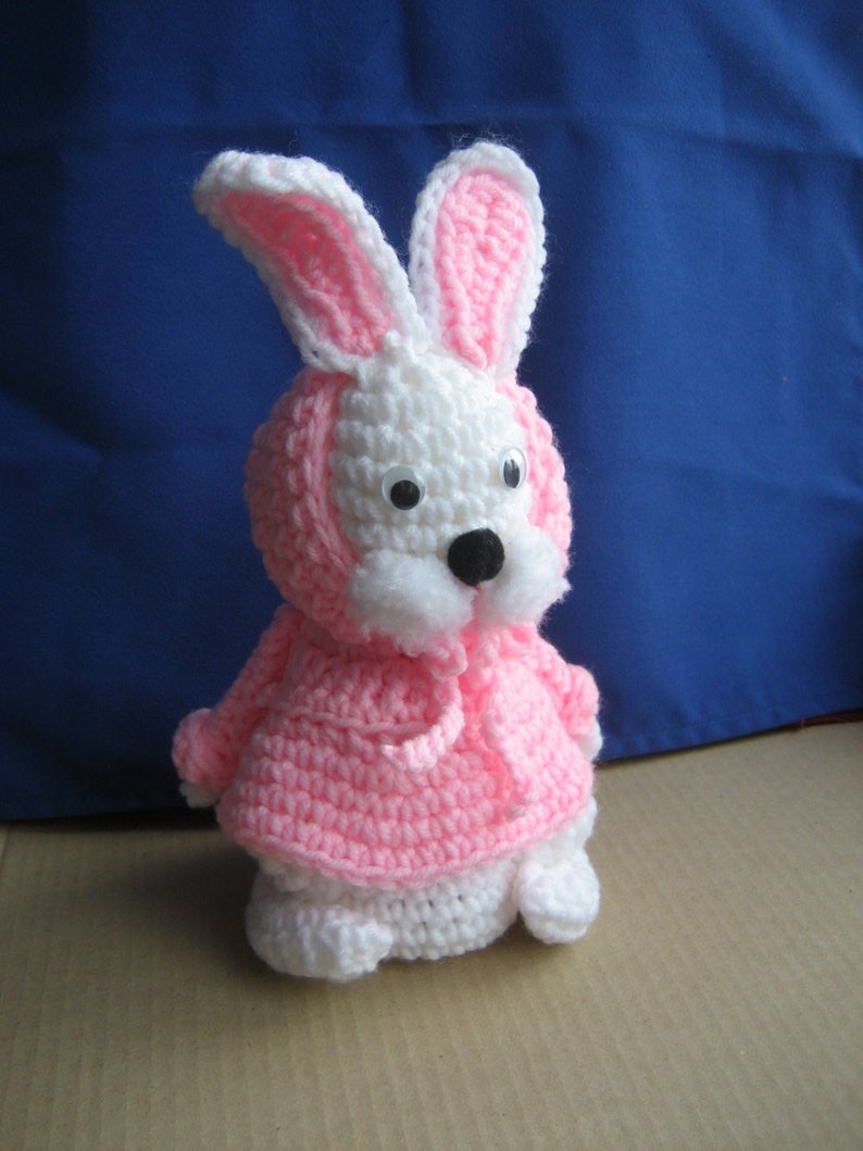 SALE Handmade 10 Inch Crochet Easter Bunny Rabbit in Pink Hoodie Vintage Amigurumi Animal Toy Doll American Made in USA image 2