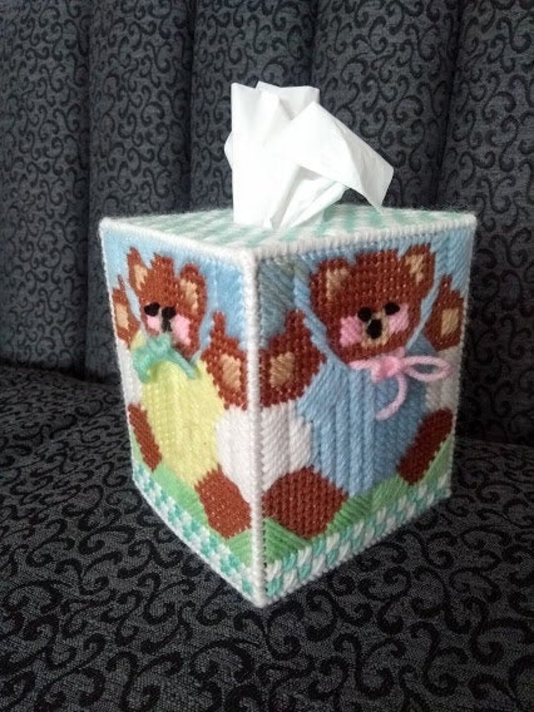 Teddy Bear Handmade Needlepoint - Completed Plastic Canvas Tissue Box ...