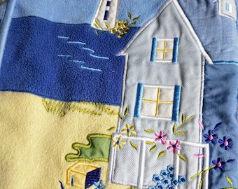 Cottagecore Applique Fleece Jacket- Coastal Granny - Country Seaside Lighthouse Cardigan-   Ladies Medium/ Large