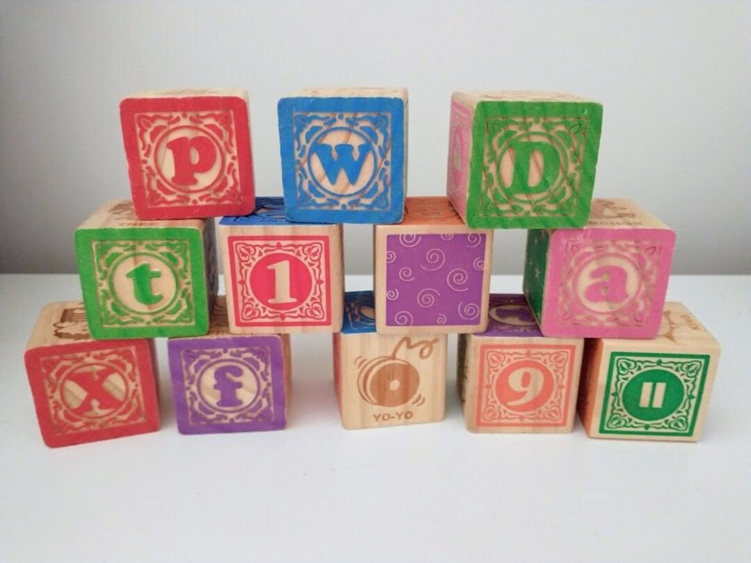 Vintage Wooden Large Alphabet Blocks Lot of 12 Pieces 1 3/4 Inch Wood