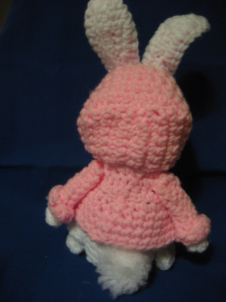 SALE Handmade 10 Inch Crochet Easter Bunny Rabbit in Pink Hoodie Vintage Amigurumi Animal Toy Doll American Made in USA image 4