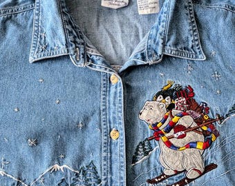 Vintage 2000s Embroidered Denim Shirt – Christmas Polar Bear Applique (100% Cotton) - Ladies Plus Size