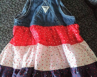 SaLE !!!  OSHKOSH Tierd Denim Dress -  Red White Blue Jumper - Baby Girl Size 24 Months