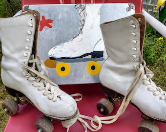 1950s JC Higgins Roller Skates – White Leather Boots, Hand-Painted Metal Case - Made in USA