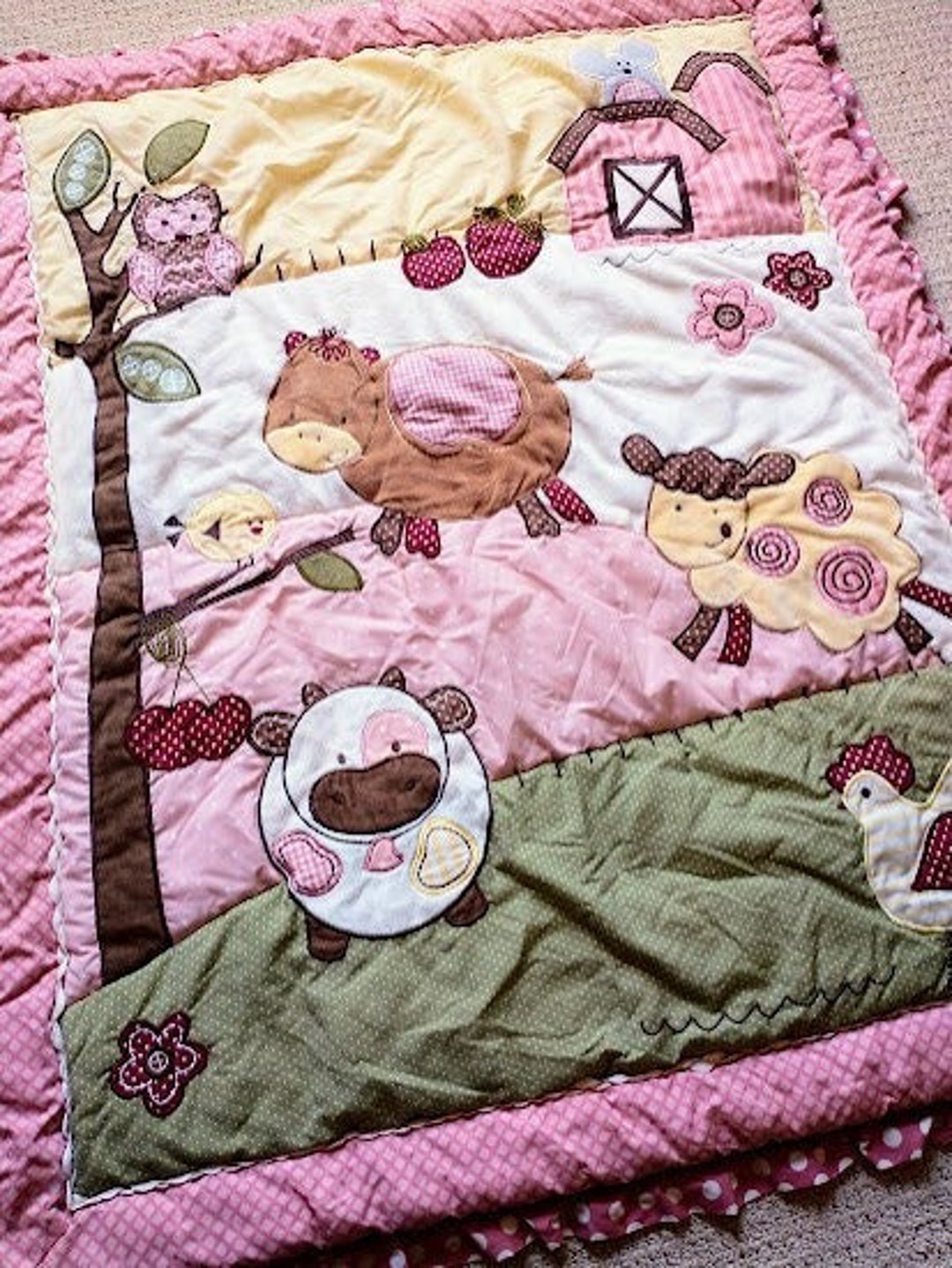 Baby Farm Animal Comforter Crib Quilt / Floor Blanket / Wall Decor Pink