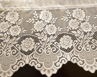 Vintage  Lace Curtain Valance** - Cream White Roses Design -Approx.  58" x 17" - American Made in USA
