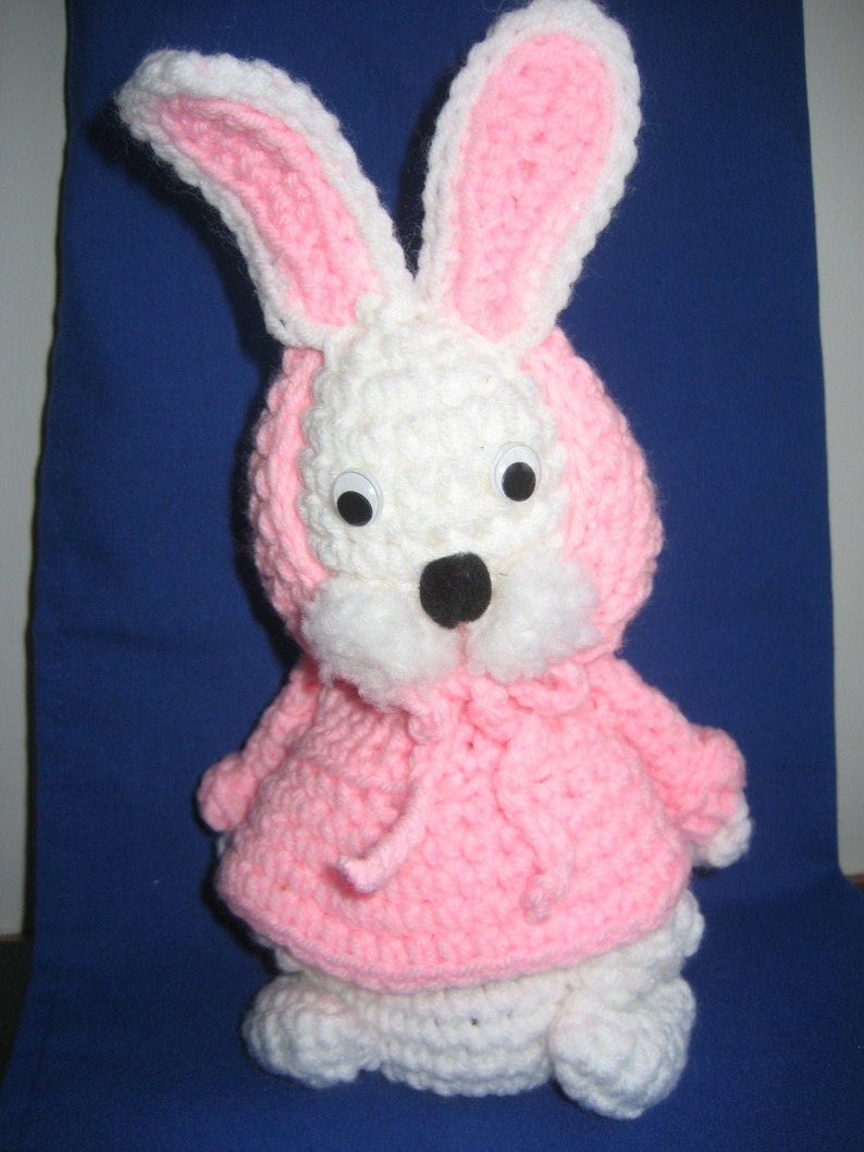 SALE Handmade 10 Inch Crochet Easter Bunny Rabbit in Pink Hoodie Vintage Amigurumi Animal Toy Doll American Made in USA image 1