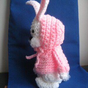 SALE Handmade 10 Inch Crochet Easter Bunny Rabbit in Pink Hoodie Vintage Amigurumi Animal Toy Doll American Made in USA image 3