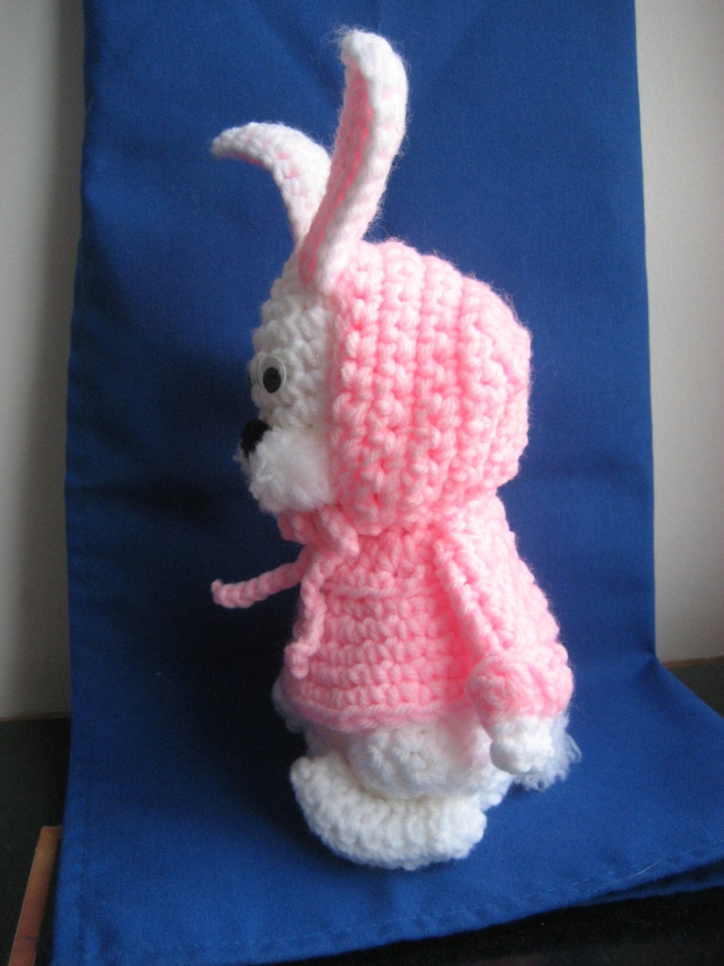SALE Handmade 10 Inch Crochet Easter Bunny Rabbit in Pink Hoodie Vintage Amigurumi Animal Toy Doll American Made in USA image 3
