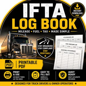 Op de afbeelding: Een afdrukbaar PDF IFTA-logboek met een afbeelding van een vrachtwagen. Het ontwerp bevat de tekst "IFTA LOG BOOK - MILEAGE • FUEL • TAX • MADE SIMPLE" en "STAY ORGANIZED STAY COMPLIANT STAY PROFITABLE". Bevat IFTA-kilometerlogboek, brandstofinkooplogboek en kwartaaloverzicht.