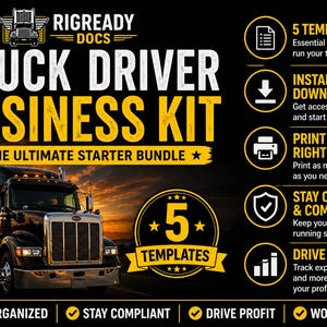 Könnte beinhalten: Werbebild für ein Truck Driver Business Kit. Das Bild zeigt einen Sattelzug auf einer Straße bei Sonnenuntergang, mit dem Text "Truck Driver Business Kit" und "The Ultimate Starter Bundle". Symbole und Text heben die wichtigsten Merkmale hervor.