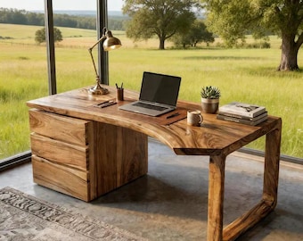 Live Edge Solid Wood Desk with Drawers – Rustic Modern Ergonomic Office Workstation