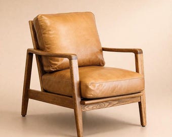 Sillón de madera de roble hecho a mano con cuero genuino, asiento de salón de madera maciza.