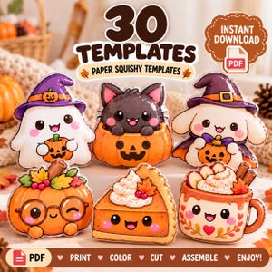 Può includere: Un set di 30 modelli di squishy in carta con illustrazioni di Halloween, tra cui un fantasma con cappello da strega, un gatto nero in una zucca, un coniglio, una zucca con occhiali, una fetta di torta e una tazza con panna.