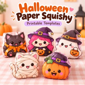 以下が含まれることがあります： ハロウィンの紙製スクイーズおもちゃ5点。オレンジ色のスカーフを巻いた黒猫、ピンク色の髪で魔女の帽子をかぶったキャラクター、お化け、ミイラ猫、魔女の帽子をかぶったカボチャが描かれています。テキストには「Halloween Paper Squishy」と書かれています。