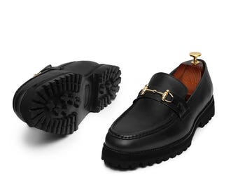 Mocassins à mors en cuir noir pour homme – Chaussures habillées à semelle crantée épaisse, fabriquées à la main