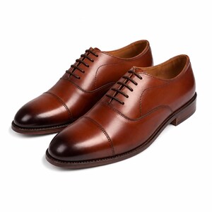 Men’s Classic Cognac Brown Handcrafted Leather Cap-Toe Oxford Dress Shoes