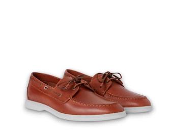 Handmade Brown Leather Boat Shoes for Men, Classic Moccasin Deck Shoes, Genuine Leather Lace Up Loafers, Casual Driving Shoes,