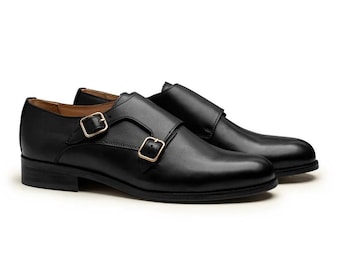 Handmade leather monk strap shoes, black dress shoes, double buckle