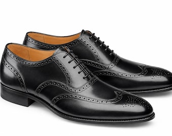 Klassieke zwarte handgemaakte leren wingtip brogue Oxford herenschoenen