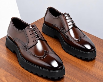 Handmade Men's Chunky Lug Sole Derby Shoes, Leather Platform Wingtip Brogues