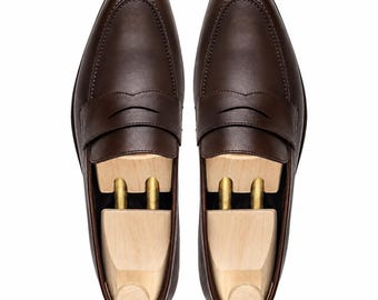 Handmade Men's Dark Brown Penny Loafers, Leather Slip On Shoes, Classic Casual Formal Dress Shoes