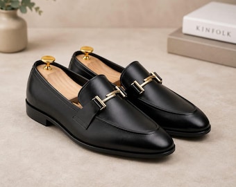 Men's Black Leather Horsebit Loafers | Handmade Luxury Dress Shoes | Formal Office Wedding Slip-On Shoes | Classic Moc Toe Shoes
