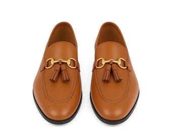 Cognac Brown Leather Tassel Loafers with Gold Horsebit Hardware