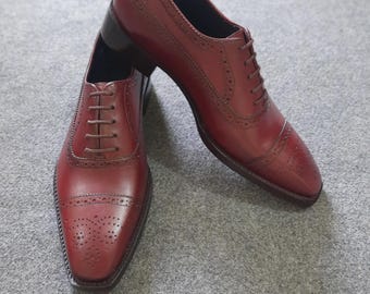 Men’s Handmade Brown Leather Oxford Shoes, Cap Toe Brogue Dress Shoes, Formal Business Footwear