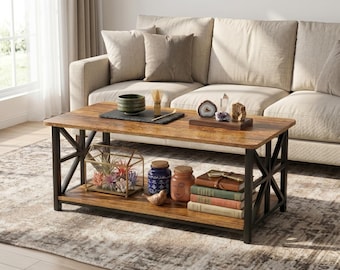 Modern Walnut Coffee Table with Storage Shelf, Living Room Centre Table, Rustic Wood Coffee Table, Sofa Table for Small Spaces