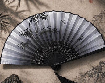 Black Foldable Japanese Fan with Elegant Tassel