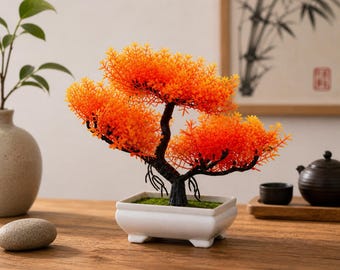 Artificial Bonsai Tree with Orange Leaves – Zen Desk Decor – Minimalist Japanese Home Accent