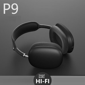 May include: Black P9 over-ear headphones with a padded headband and earcups. The headphones have a sleek, modern design. The text "Sound quality HI-FI" is displayed on a circular badge at the bottom of the image.