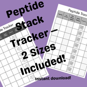 May include: Two white paper peptide tracker forms with black grid lines and text headers including Peptide, Vile Strength, Bac Water Added, Units Taking, and Frequency. Each row features checkboxes for daily, M/W/F, or T/TH scheduling options.
