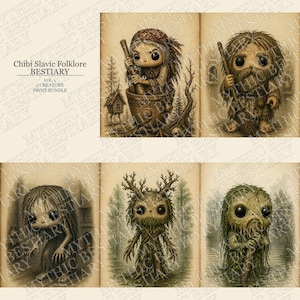 Puede incluir: Un paquete de impresiones con seis ilustraciones de criaturas chibi del folclore eslavo. Las ilustraciones son de estilo vintage, con dibujos detallados de seres míticos. El texto "Chibi Slavic Folklore Bestiary" es visible.