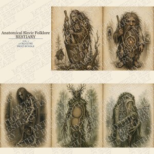 Puede incluir: Seis ilustraciones del paquete de impresión "Anatomical Slavic Folklore Bestiary". Las imágenes muestran criaturas míticas con tonos y texturas terrosas detalladas. El texto "Anatomical Slavic Folklore Bestiary" es visible.