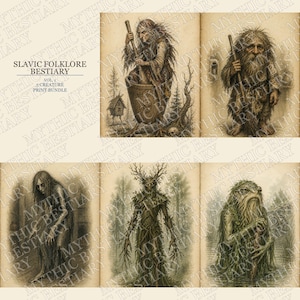 Décoration murale inspirée de la mythologie slave sombre, estampes de Baba Yaga Leshy, style folklorique gothique, ensemble d'illustrations de manuscrits anciens, Codex slaves, tome I