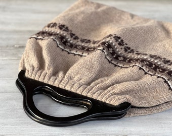 Hand Knit Bag With Lining/ 100% Wool/ Wooden handles/ Handmade/ SandraStJu design
