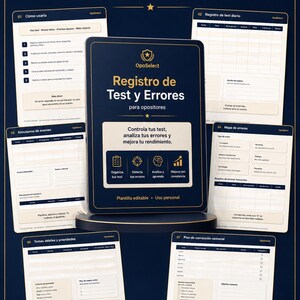 Puede incluir: Anuncio de producto digital azul oscuro con el texto "Registro de Test y Errores" y "Plantilla editable para opositores". La imagen muestra varias plantillas digitales para el seguimiento de pruebas y errores, con iconos y texto en español.