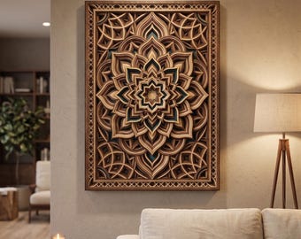May include: A large, rectangular wooden wall art piece with a layered, floral mandala design. The artwork features shades of brown and tan, with a dark brown frame and intricate cut-out patterns. The piece is mounted on a neutral-coloured wall.