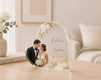 Targa fotografica personalizzata in acrilico per matrimonio, ricordo personalizzato a forma di cuore in acrilico, regalo per anniversario di matrimonio, decorazione per foto di novelli sposi, regalo per addio al nubilato