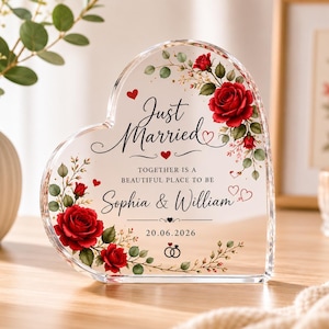 Just Married Acrylic Plaque, Custom Wedding Gift for Couple, Heart Shaped Wedding Keepsake, Newlywed Gift, Custom Message Name Date